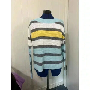 Liz Clairborne Mint Green Yellow White Striped Chunky Knit Sweater Large